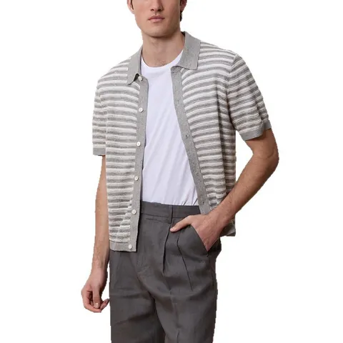 Men Summer Casual Viscose Hollow Out Knit Polo Shirt Short Sleeve Striped Jacquard Knitwear Breathable Fashion Top For Men