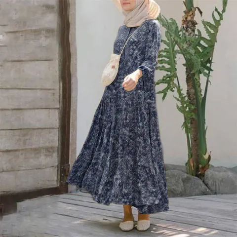 Women Round Neck Long Sleeve Floral Print Tiered Maxi Dress Bohemian Loose Button Front Flowy Elegant A-Line Dress