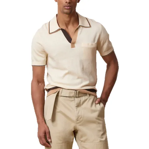 Men Contrast Color Stitching Short Sleeve Knit Polo Shirt Lapel Lightweight Polyester Top Casual Retro Style Shirt BK0076