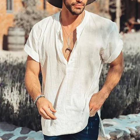 Men's Casual Short Sleeve Shirt Solid Color Henley Collar Polyester Cotton Summer Top Breathable Soft Fashion Shirt For Everyday Wear
