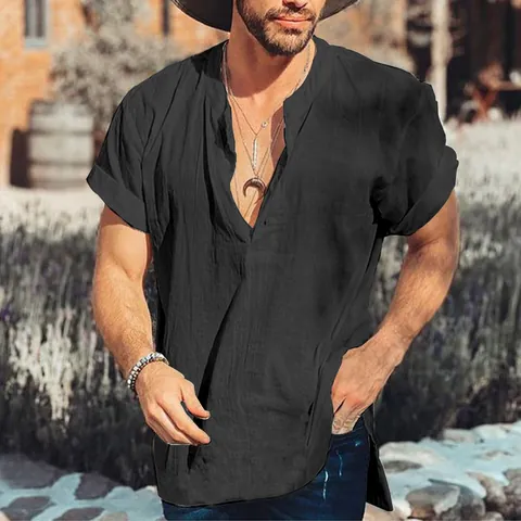 Men's Casual Short Sleeve Shirt Solid Color Henley Collar Polyester Cotton Summer Top Breathable Soft Fashion Shirt For Everyday Wear