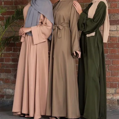 Women's Loose Plus Size Solid Color Belted Mid-length Maxi Dress Polyester Elegant Abaya Long Sleeve Modest Casual Robe
