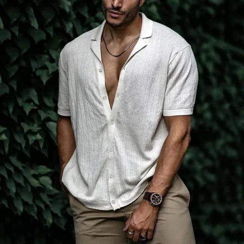 Men Casual Polyester Knit Short Sleeve Polo Shirt Urban Solid Color Loose Cardigan Button Down Summer Top