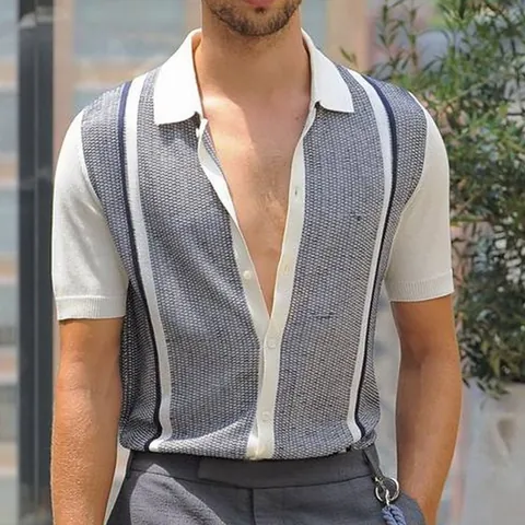 Men's Casual Striped Knit Polo Shirt Summer Contrast Color Short Sleeve Viscose Patchwork Breathable Top