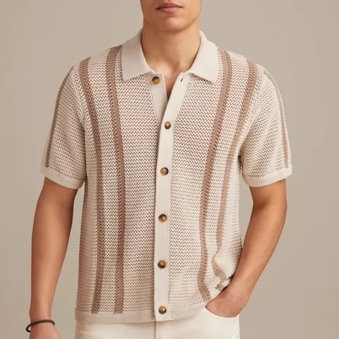 Men's Casual Knitted Polo Shirt Short Sleeve Open Front Cardigan Pointelle Knit Vertical Striped Viscose Breathable Top