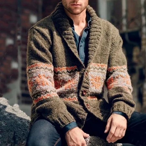 Men Vintage Knitted Cardigan Jacket Shawl Collar Geometric Jacquard Single Breasted Acrylic Cotton Blend Top For Autumn Winter