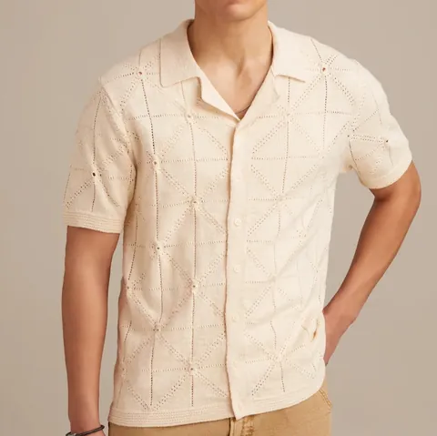 Men Casual Knitted Polo Shirt Short Sleeve Viscose Hollow Out Geometric Argyle Knit Cardigan Top Retro Vacation Polo Shirt