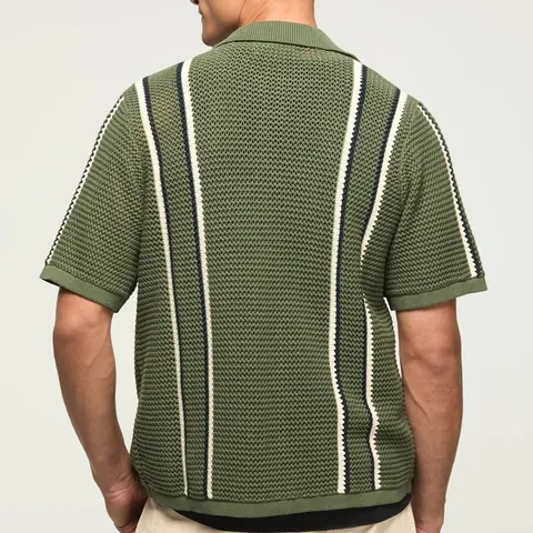 Men's Hollow Out Knit Polo Shirt Casual Striped Short Sleeve Open Knit Cardigan Breathable Viscose Top