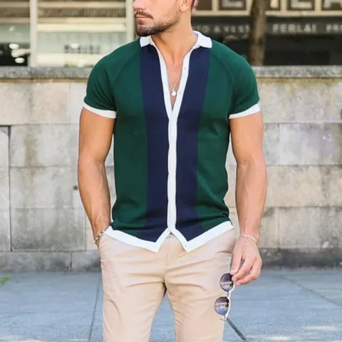 Men's Retro Knitted Polo Shirt Contrast Stripe Short Sleeve Knitwear Casual Summer Top For Men Patchwork Cardigan Style