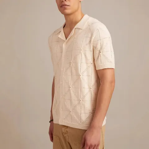 Men Casual Knitted Polo Shirt Short Sleeve Viscose Hollow Out Geometric Argyle Knit Cardigan Top Retro Vacation Polo Shirt