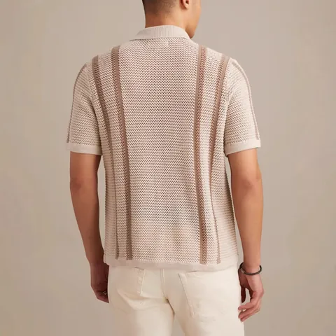 Men's Casual Knitted Polo Shirt Short Sleeve Open Front Cardigan Pointelle Knit Vertical Striped Viscose Breathable Top