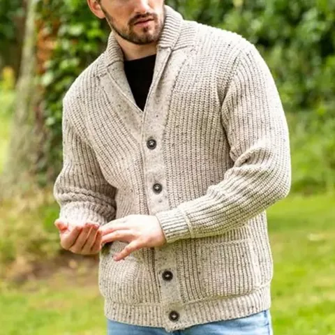 Men's Casual Mixed Color Knitted Cardigan Shawl Collar Long Sleeve Acrylic Sweater With Pockets Slim Fit Outerwear Top
