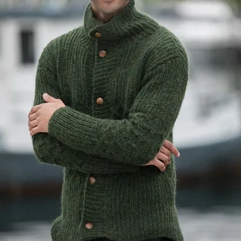 Men Retro Cotton Blend Chunky Knit Cardigan Stand Collar Long Sleeve Sweater Jacket With Wooden Buttons Top For Autumn Winter