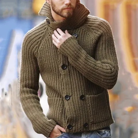 Men's Autumn Winter Urban Casual Mock Neck Double-Breasted Long Sleeve Acrylic Knitted Sweater Solid Color Slim Fit Top