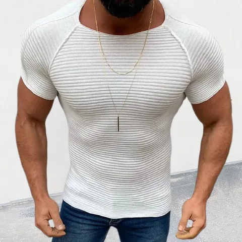 T-shirt da Uomo Slim Fit in Maglia a Costine Bianca Girocollo Maniche Raglan Casual Estiva Top in Viscosa Maglieria Moda Uomo BK0035