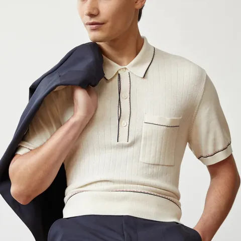 Men Knitted Short Sleeve Polo Shirt Polyester Ribbed Contrast Trim Lapel Pocket Top Business Casual Summer Tee