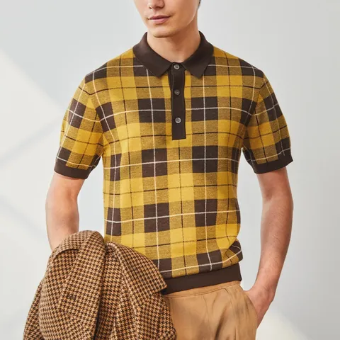 Men's British Vintage Plaid Jacquard Knitted Polo Shirt Short Sleeve Slim Fit Casual Business Top