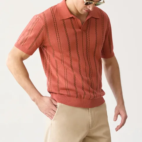Men's Slim Fit Knitted Polo Shirt Fashion Casual Short Sleeve V-Neck Jacquard Top Rust Red British Style Knitwear For Men