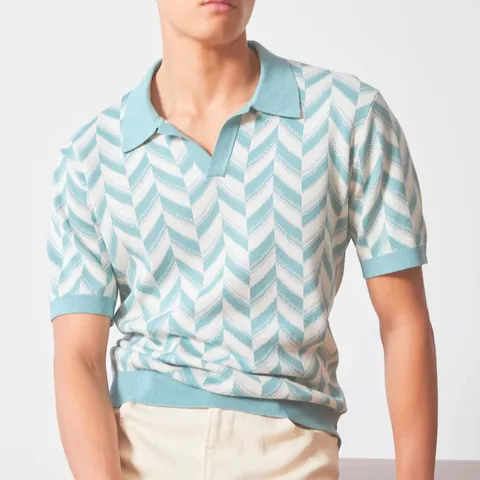 Men's Casual Knit Polo Shirt Short Sleeve Geometric Jacquard Pattern Striped Top Retro Fashion Summer Clothes For Men