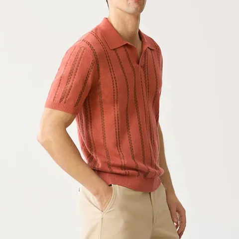 Men's Slim Fit Knitted Polo Shirt Fashion Casual Short Sleeve V-Neck Jacquard Top Rust Red British Style Knitwear For Men