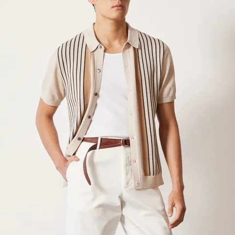 Men's Knitted Striped Polo Shirt Short Sleeve Breathable Casual Summer Top Lightweight Button Down Cardigan Jacket For Men