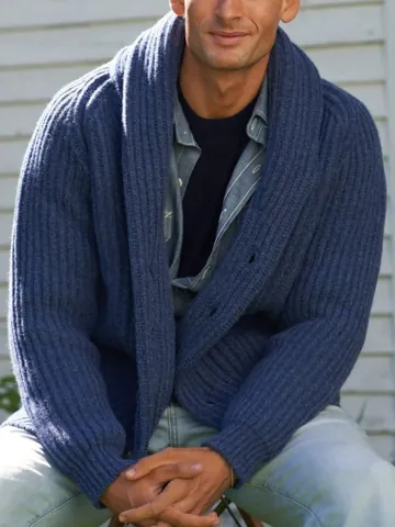 Men's Shawl Collar Knit Cardigan Sweater Jacket Acrylic Ribbed Texture Casual Button Down Long Sleeve Top For Winter