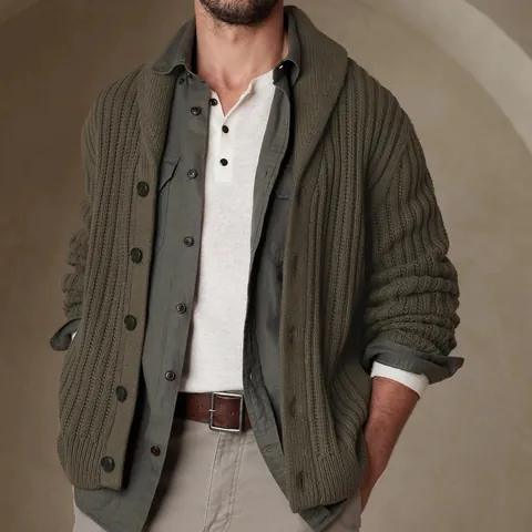 Men Thick Shawl Collar Knit Cardigan Sweater Jacket Army Green Slim Fit Button Up Long Sleeve Top For Autumn Winter