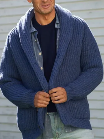 Men's Shawl Collar Knit Cardigan Sweater Jacket Acrylic Ribbed Texture Casual Button Down Long Sleeve Top For Winter