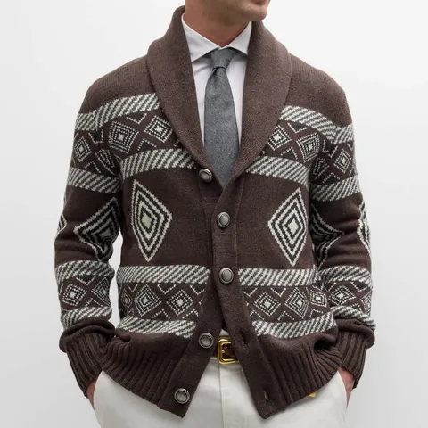 Men Shawl Collar Jacquard Knit Cardigan Sweater Jacket Geometric Diamond Pattern Business Casual Winter Warm Knit Top