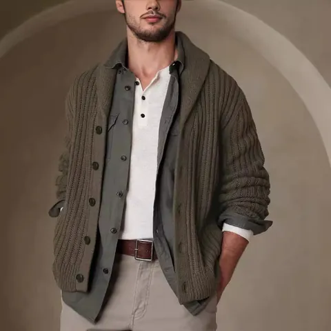 Men Thick Shawl Collar Knit Cardigan Sweater Jacket Army Green Slim Fit Button Up Long Sleeve Top For Autumn Winter