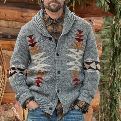 Men's Vintage Geometric Jacquard Knit Cardigan Sweater Shawl Collar Long Sleeve Button Up Thick Casual Outerwear Top BK0037