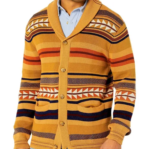Men's Vintage Geometric Jacquard Knit Cardigan Sweater Shawl Collar Button Down Long Sleeve Casual Polyester Top