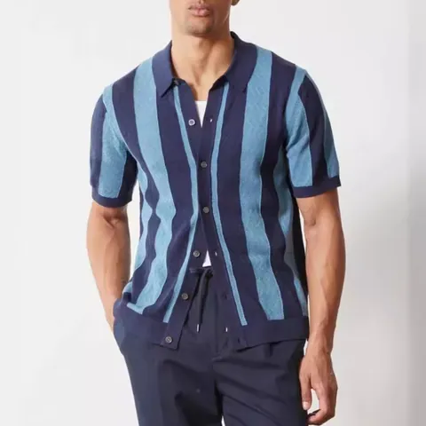 Men Casual Vertical Striped Knit Polo Shirt Short Sleeve Button Down Hollow Out Breathable Summer Cardigan Top BK0053