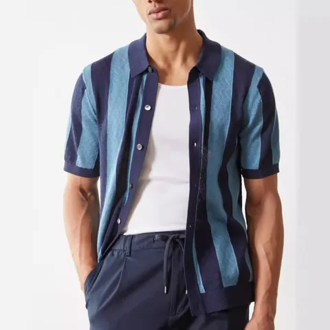 Men Casual Vertical Striped Knit Polo Shirt Short Sleeve Button Down Hollow Out Breathable Summer Cardigan Top BK0053