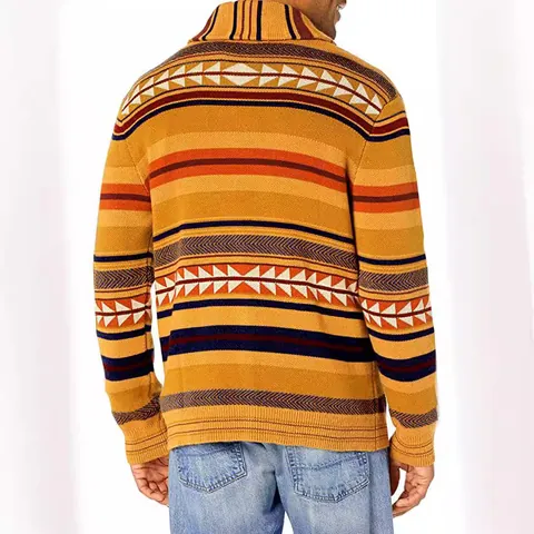 Men's Vintage Geometric Jacquard Knit Cardigan Sweater Shawl Collar Button Down Long Sleeve Casual Polyester Top