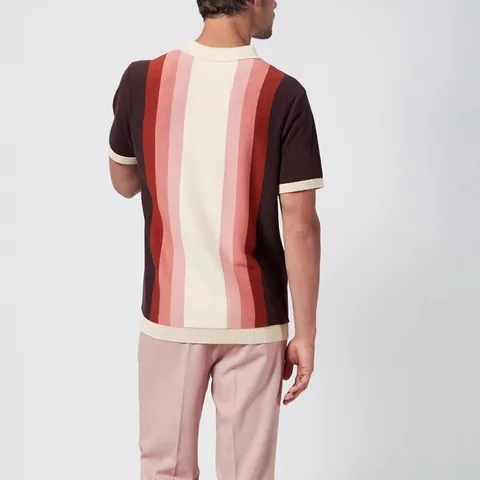 Men's Vintage Striped Knitted Polo Shirt Retro Color Block Short Sleeve Top Patchwork Casual Summer Knitwear BK0056