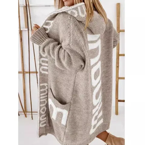 Women Hooded Long Cardigan Sweater Polyester Jacquard Letter Pattern Open Front Knitwear Outerwear Top For Autumn Winter