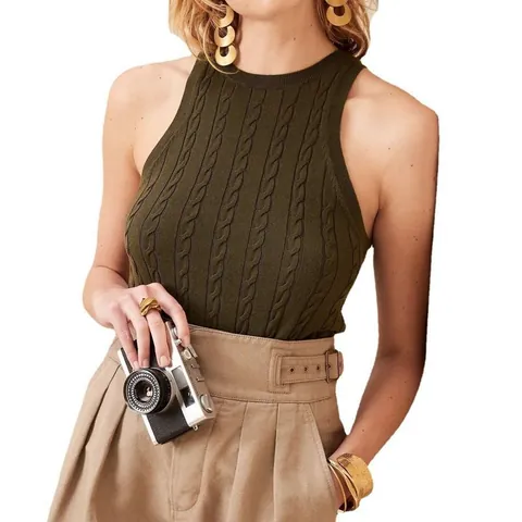 Canotta in Maglia a Trecce Slim Fit da Donna Senza Maniche Girocollo Maglione Gilet Tinta Unita Maglieria Top