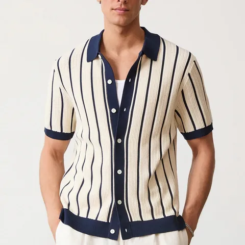 Men Retro Knitted Polo Shirt Short Sleeve Vertical Striped Top Contrast Ribbed Trim Button Lapel Casual Summer Knitwear