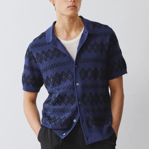 Men Short Sleeve Knitted Jacquard Polo Shirt Business Casual Button Down Cardigan Top BK0062