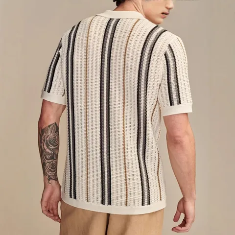 Men Polyester Striped Knit Polo Shirt Short Sleeve Button Down Hollow Out Top Casual British Style Vertical Stripes Cardigan