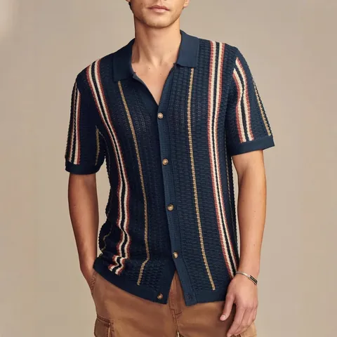 Men Polyester Striped Knit Polo Shirt Short Sleeve Button Down Hollow Out Top Casual British Style Vertical Stripes Cardigan