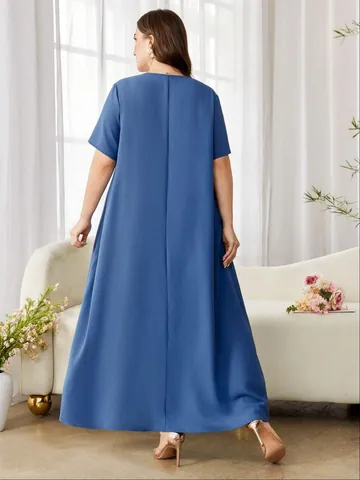 Women Plus Size Blue Embroidered Tassel Maxi Dress Loose Short Sleeve Caftan Robe For Summer 0XL-4XL Casual Vacation Outfit