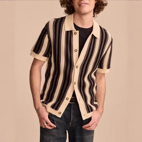 Men Casual Striped Hollow Knit Polo Shirt Short Sleeve Patchwork Breathable Polyester Top BK0068