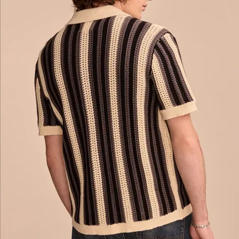 Men Casual Striped Hollow Knit Polo Shirt Short Sleeve Patchwork Breathable Polyester Top BK0068
