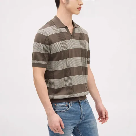 Men's Fashion Knitted Polo Shirt Hollow Out V-Neck Short Sleeve Casual Color Block Knit Top