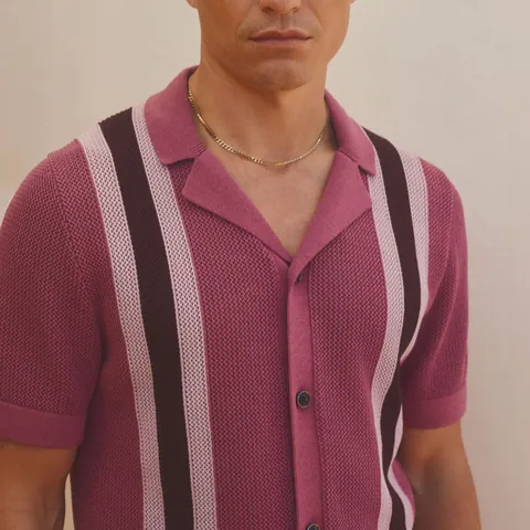 Men Casual Viscose Hollow Knit Polo Shirt Striped Short Sleeve Top Summer Breathable Patchwork Knitwear Fashion Polo