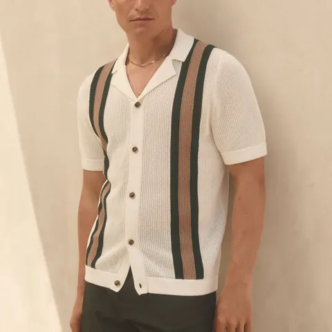 Men Casual Viscose Hollow Knit Polo Shirt Striped Short Sleeve Top Summer Breathable Patchwork Knitwear Fashion Polo