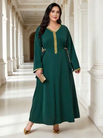 Plus Size V-Neck Gold Trim Elegant Maxi Dress For Women Waist Tie Long Sleeve Long Kaftan Abaya Retro Ethnic Party Dress
