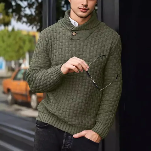 Men Shawl Collar Sweater Polyester Knitwear Slim Fit Basketweave Pullover Long Sleeve Business Casual Jumper Male Knit Top